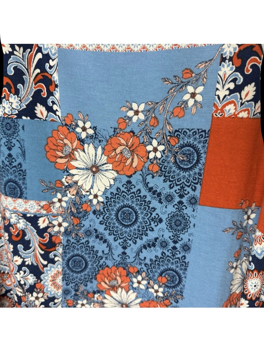 Ruby Rd Tunic Top Sz Large Blue Orange Floral Patchwork Boho 3/4 Sleeves Stretch - Picture 4 of 7
